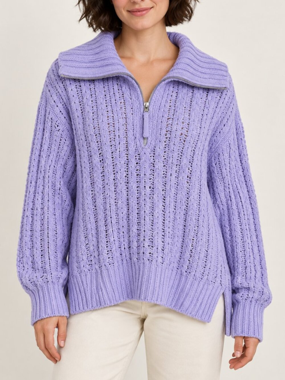 Lavender Chenille Quarter Zip Sweater Aerie Medium Oversized Cable Knit Pullover